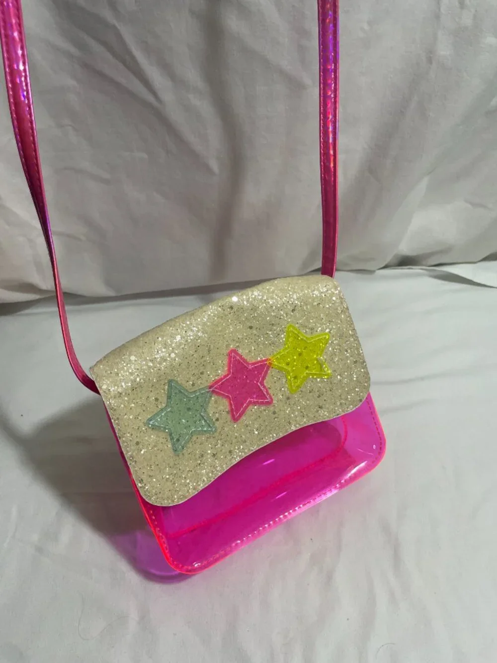 Girls Neon Pink Clear Jelly Crossbody Purse Glitter Star Flap Kids Shoulder Bag